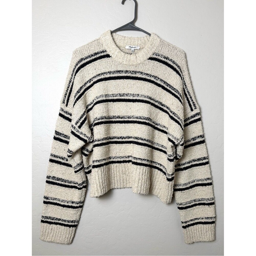 Madewell Cream Black Textured Crop Crewneck Sweater Large Boxy